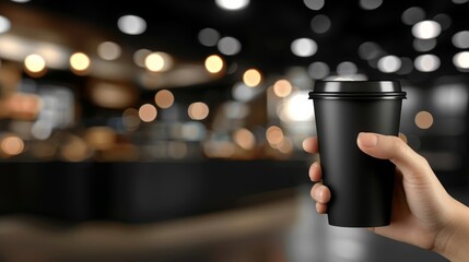 Female hand holding mock up takeaway coffee cup on blurred background with copy space for text