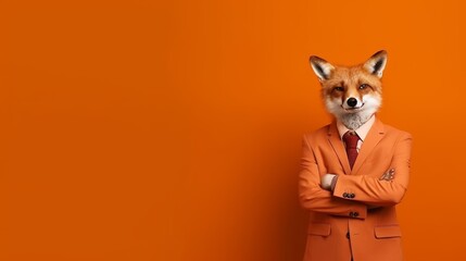 Corporate fox in formal suit, pretending to work in office, studio shot with copy space.