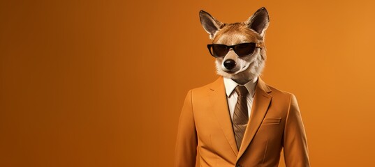 Friendly fox in business suit pretending to work in corporate workplace studio shot with copy space