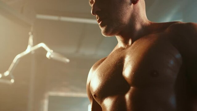 A muscular bodybuilder in a serene gym environment focuses on his bicep curls, executing each rep with precision and dedication, under the soft gleam of gym lights. Camera 8K RAW. 