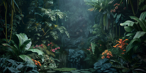 Fototapeta na wymiar Lush tropical jungle scene with a serene pond, a diverse array of flora, and a cascading waterfall in the background.