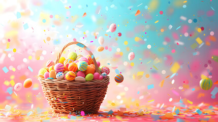 Fototapeta na wymiar Easter eggs in a basket with confetti and falling candy on colorful background. Easter celebration concept. Design for greeting card, invitation, poster with copy space