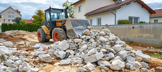 Bulldozer clearing rocks for new road construction, preparing site for development and progress