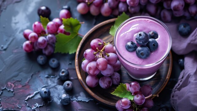 Close-up of a glass of creamy grape juice beside a bountiful bunch of purple grapes , depicting rich flavors and textures