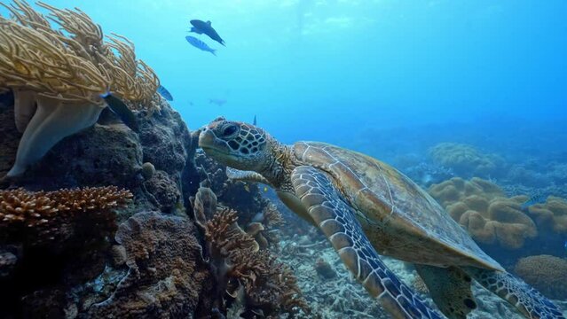 green sea turtle swimming under the ocean