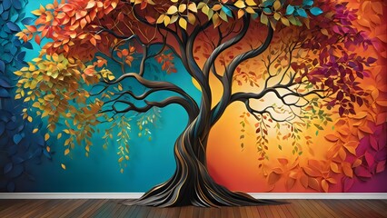 Illustration of elegant, colorful tree branches draping gracefully, adorned with vibrantly hued leaves, perfect for artistic and nature-themed designs.