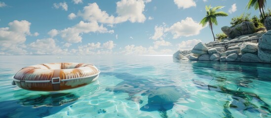An inflatable raft floating in the vast ocean, bobbing gently on the waves as it drifts aimlessly in the open water under the vast sky. - obrazy, fototapety, plakaty