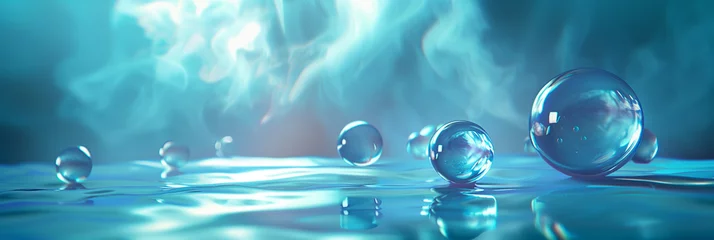 Foto op Aluminium Surreal aqua spheres floating on water with ethereal blue smoke in the background. © Alena