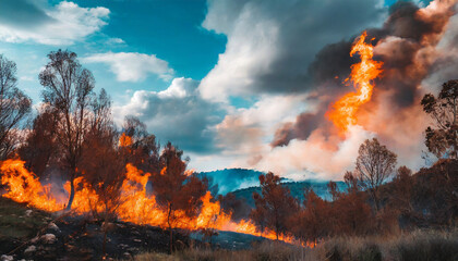 Dangerous fire in forest, burning trees and hills, natural disaster, environmental problem, wildfire
