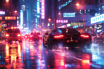 Hongkong-Stadt mit vielen Fahrzeugen im Cyber-Look bei Nacht