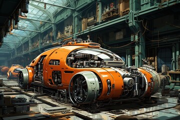 car robots moving parts at a factory, in the style of dark orange and light indigo, multilayered, made of all of the above, aesthetic, unpolished authenticity, precisionism influence, silver and green