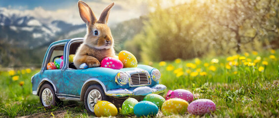 Lapin dans une voiture d'enfant avec des œufs de Pâques décorés au milieu d'un champs de fleurs. - obrazy, fototapety, plakaty