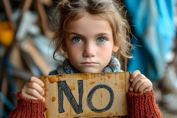 Serious young girl holding a sign with the word 'No'. Portrait photography with social concept and copy space - obrazy, fototapety, plakaty