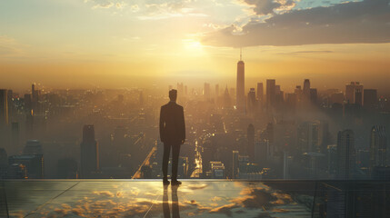 A man in a suit stands with his back to the camera, overlooking a vibrant city skyline at dusk. - obrazy, fototapety, plakaty