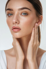 Obraz premium A close-up view showcases a young woman gently touching her face, highlighting her clear complexion and natural makeup