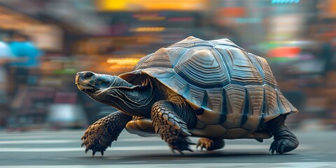 Turtle moving quickly through bustling city street with blurred motion and people. Concept Animals in Urban Environment, Motion Blur Photography, Wildlife in Urban Setting