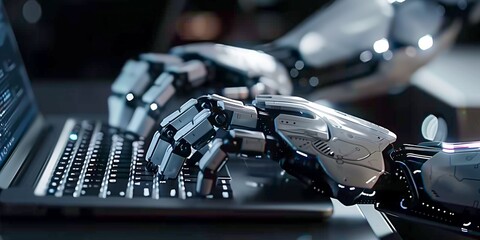 Fototapeta premium Robot typing on a computer keyboard - automation and AI research concept 3D