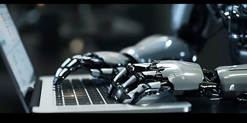 Fototapeta premium Robot typing on a computer keyboard - automation and AI research concept 3D