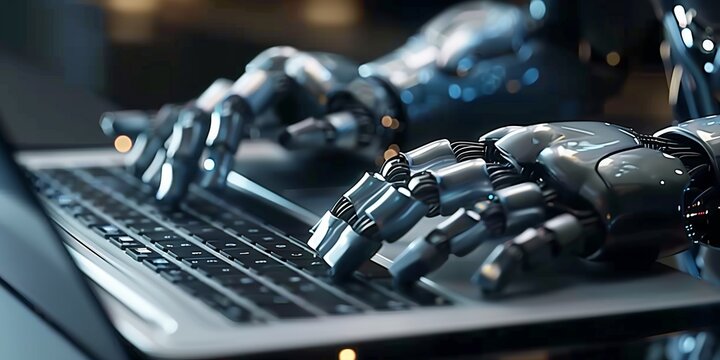 Robot typing on a computer keyboard - automation and AI research concept 3D