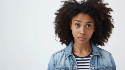 A young individual wearing a denim jacket and a striped shirt has a serious expression and a confident presence in a close-up portrait. - obrazy, fototapety, plakaty