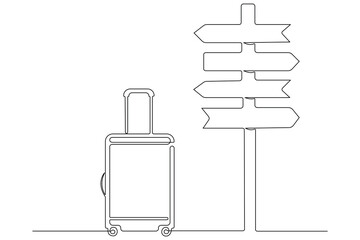  Road direction sign arrows with Luggage in continuous single line drawing of traveling outline vector illustration