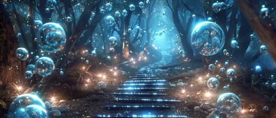 Magical Forest Pathway, Surreal digital painting of a dreamy forest pathway with ethereal blue lighting and floating orbs, creating a mystical atmosphere.
