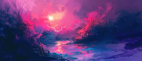 Velvet curtains Candy pink Surreal Night Landscape, Abstract, vibrant night landscape with surreal and impressionist elements, Expressive Fantasy Night Scene.