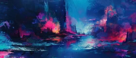 Surreal Night Landscape, Abstract, vibrant night landscape with surreal and impressionist elements, Expressive Fantasy Night Scene.