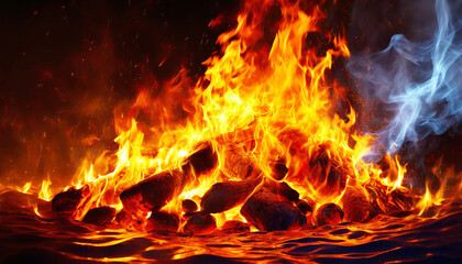 Fototapeta na wymiar Close up red and orange fire flames and sparks, bonfire, burning logs campfire