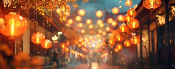 Obraz na płótnie Canvas Traditional Asian Street Lanterns, Festive lanterns at night, warm tones in traditional Asian street, inviting ambiance.