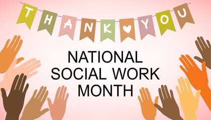 National Social Work Month greeting banner. Text "thank you" and support hand on pink, vector. World Social Work Day. 