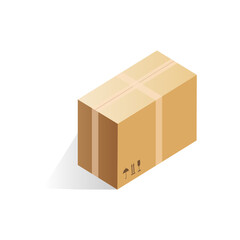 Isometric closed cardboard box of rectangular shape, duct taped parcel vector illustration