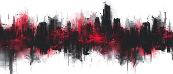 Foto op Plexiglas Expressive Cityscape, Abstract Urban Skyline, Dynamic Red and Black, Modern Cityscape Illustration, Urban Skyline Painting © Gasi