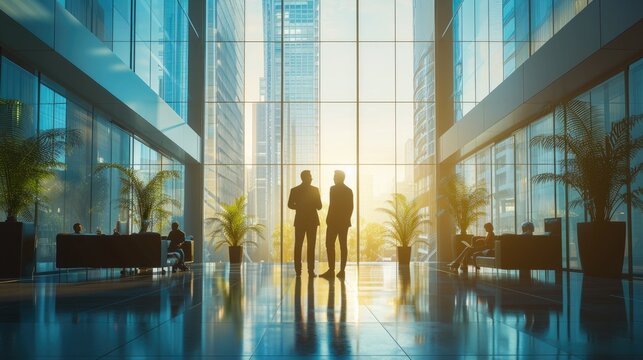 Corporate Silhouettes in Highrise Lobby, Silhouetted business figures converse in a high-rise lobby, encapsulating themes of corporate strategy and urban business environments