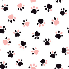  Cute seamless pet paw pattern. Cat  footprint on white background. Vector illustration. It can be used for wallpapers, wrapping, cards, patterns for clothes and other.