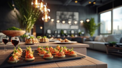 Elegant Catering Spread for Sophisticated Gathering, exquisite catering setup showcases gourmet canapes and red wine, poised to delight guests at a chic social event. The ambiance reflects a modern - obrazy, fototapety, plakaty