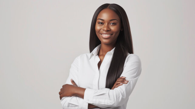 confident young woman is smiling at the camera, standing with her arms crossed, wearing a white shirt, which can represent a professional, business, or casual setting.