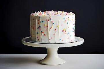 A celebration-worthy birthday cake, expertly crafted with layers of sponge and buttercream frosting, adorned with edible confetti, against a clean white backdrop.