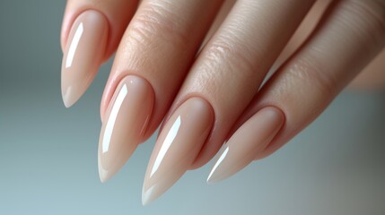 Elegance in Simplicity - Neutral Tone Manicure, close-up view of a hand displaying a refined manicure with neutral-toned, long, almond-shaped nails that exude sophistication and style - obrazy, fototapety, plakaty