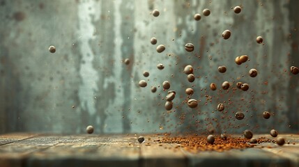Small, freshly roasted coffee seeds bounce excitedly on a wooden countertop releasing their rich, enveloping aroma. Coffee beans evoke the art and passion for the drink.