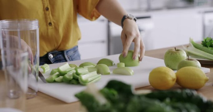 Hands, cutting vegetables and tablet for recipe in kitchen, healthy meal and nutrition at home. Woman, phone call and organic diet or vegetarian lunch, cooking and vitamins or online conversation