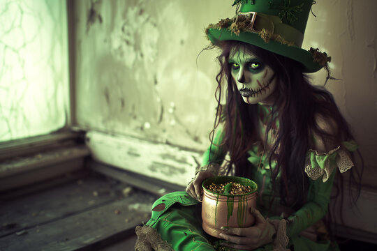 Leprechaun, femme farfadet zombi habill&eacute; de vert avec son chaudron tr&eacute;sor de pi&egrave;ces d'or, symbole de la St Patrick ou Patrice, 17 mars, symbole de chance, fond  ave espace n&eacute;gatif pour texte copyspace