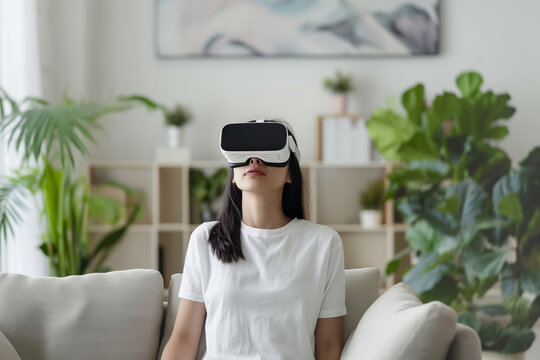 Relaxing in room, woman enjoys VR experience, blending thome comfort with cutting-edge technology