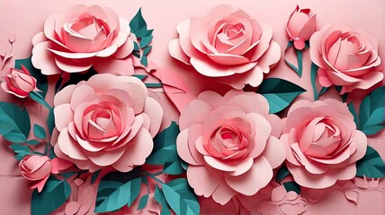 3d illustration  pink rose on blue background paper art design made of paper on a pink background. 3d rendering