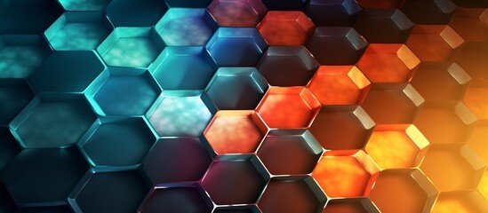 Colorful 3D vector illustration of hexagon arrangement and polygonal mesh Blockchain technology. Information blocks in volumetric composition. Edge glowing neon lights - obrazy, fototapety, plakaty