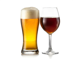 Bierglas und Weinglas mit Wein isoliert auf wei&szlig;en Hintergrund, Freisteller 