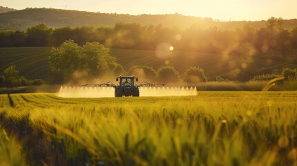 Fototapeta premium Tractor spraying pesticides on soybean field with sprayer at spring