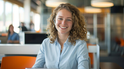 A smiling woman with curly hair wearing earphones and a light blue shirt seated in a bright office environment, indicating a friendly and modern workplace.