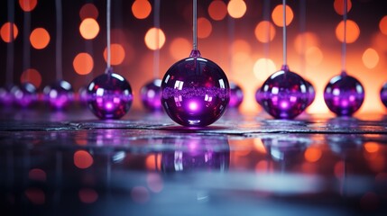 christmas balls hanging on strings on dark background, in the style of vibrant stage backdrops,  vibrant, neon colors, reflections, light purple, kitsch aesthetic - obrazy, fototapety, plakaty