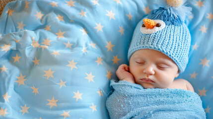 serene newborn baby wrapped snugly in a blue textile, peacefully asleep, and wearing an adorable knitted hat, evoking a sense of warmth, comfort, and tender infancy.